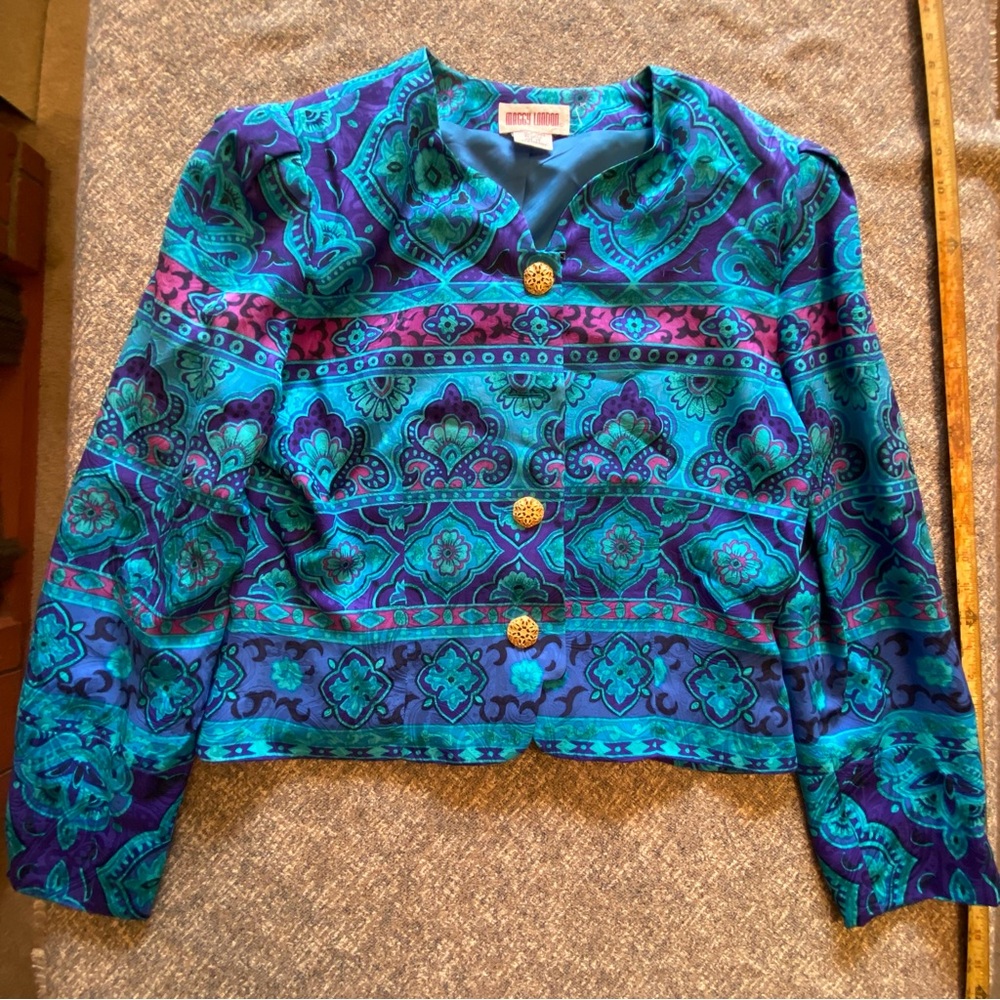 Retro Vintage Silk Maggy London Skirt Suit Jacket Set size 14 Teal Pink padded